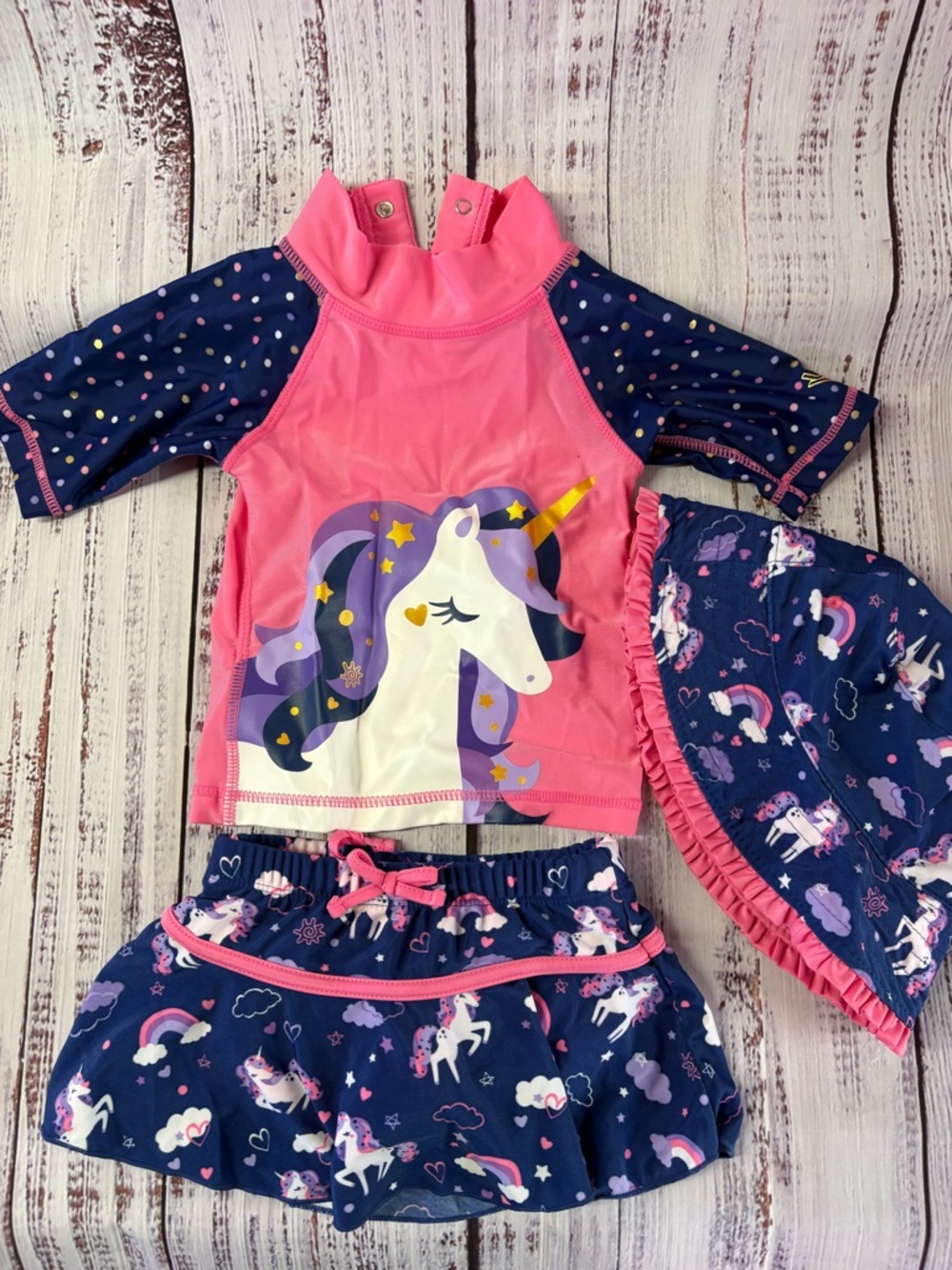Girls' Pink & Navy Unicorn Rash Guard Swim Set - Kids Swim